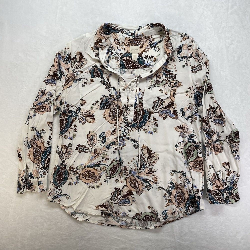 Chico's top Womens 2 Large Ivory paisley long sleeve faux lace up collared shirt